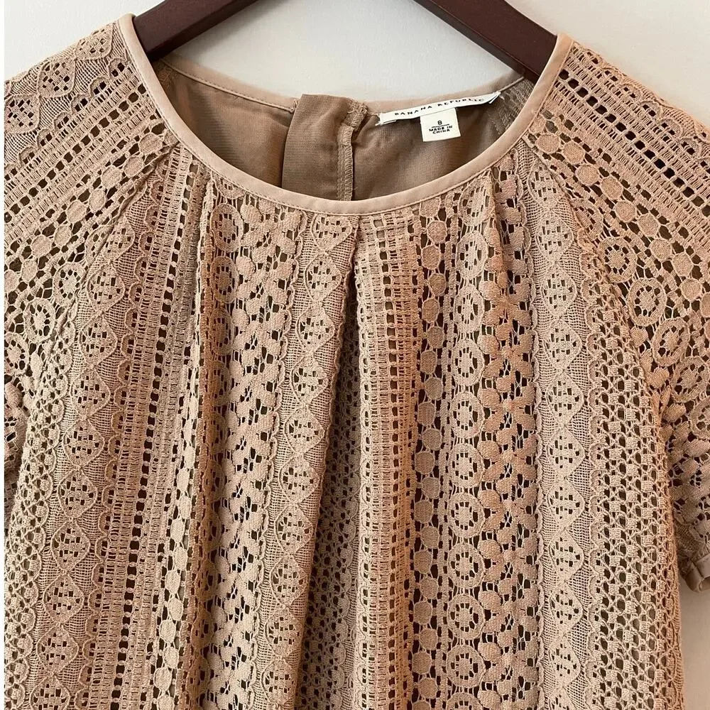 Banana Republic Lace Overlay Blouse Short Sleeve Zipper Office Date Elegant 8 - Picture 2 of 12